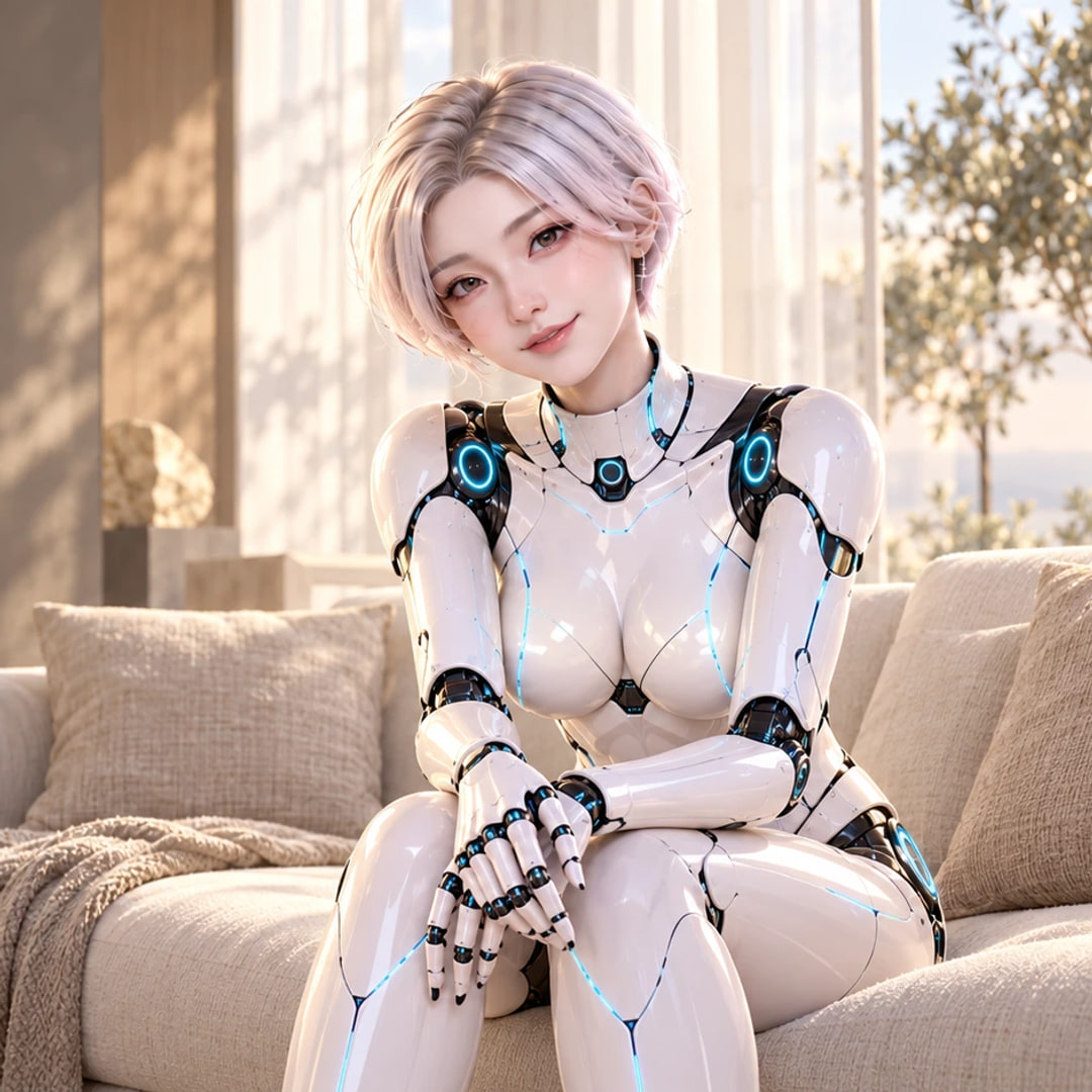 坐在明亮客厅里的白甲 AI 角色